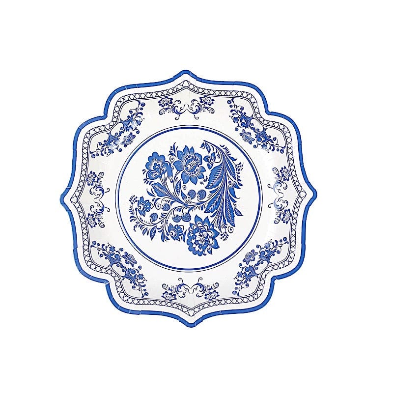 25 White 8" Paper Dessert Plates with Blue Floral Print and Scalloped Rim - Disposable Tableware DSP_PPR0016_8_BLUE