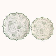 25 White and Sage Green Floral Leaf Print Paper Plates with Scalloped Rim - Disposable Tableware