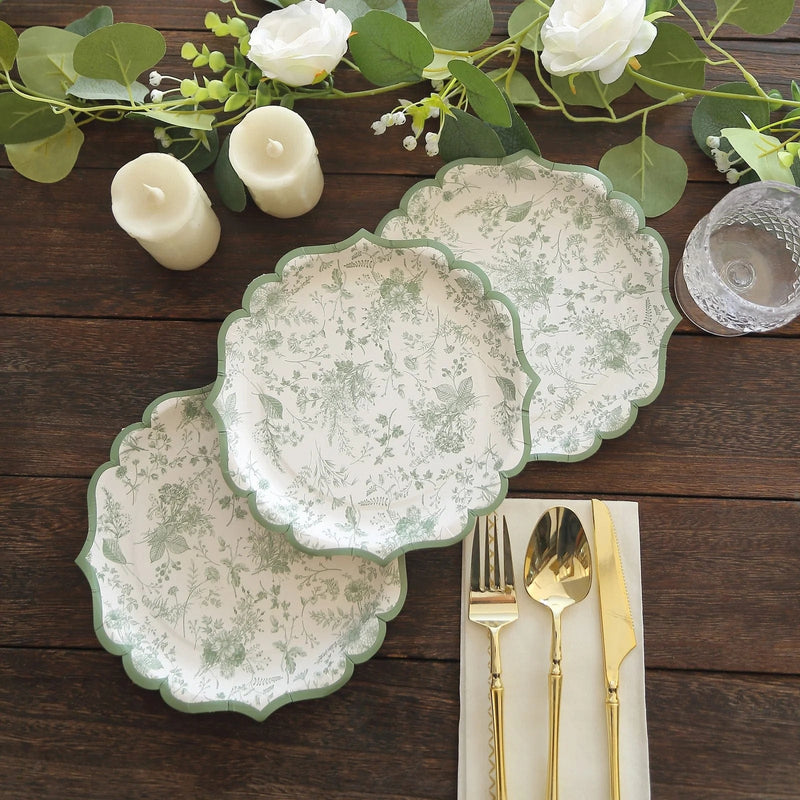 25 White and Sage Green Floral Leaf Print Paper Plates with Scalloped Rim - Disposable Tableware