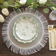 25 White and Sage Green Floral Leaf Print Paper Plates with Scalloped Rim - Disposable Tableware