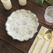 25 White and Sage Green Floral Leaf Print Paper Plates with Scalloped Rim - Disposable Tableware