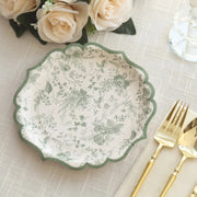 25 White and Sage Green Floral Leaf Print Paper Plates with Scalloped Rim - Disposable Tableware