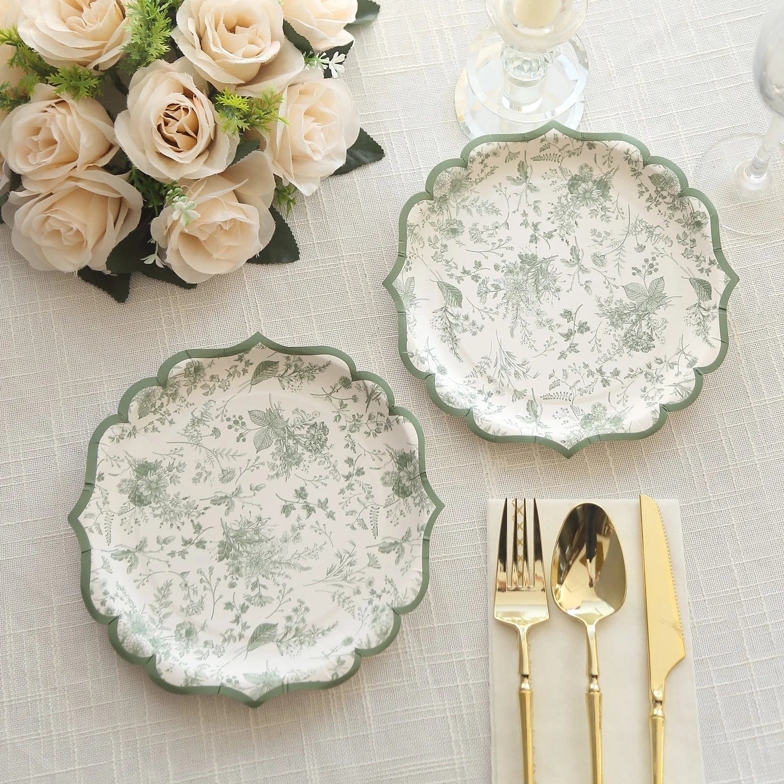 25 White and Sage Green Floral Leaf Print Paper Plates with Scalloped Rim - Disposable Tableware