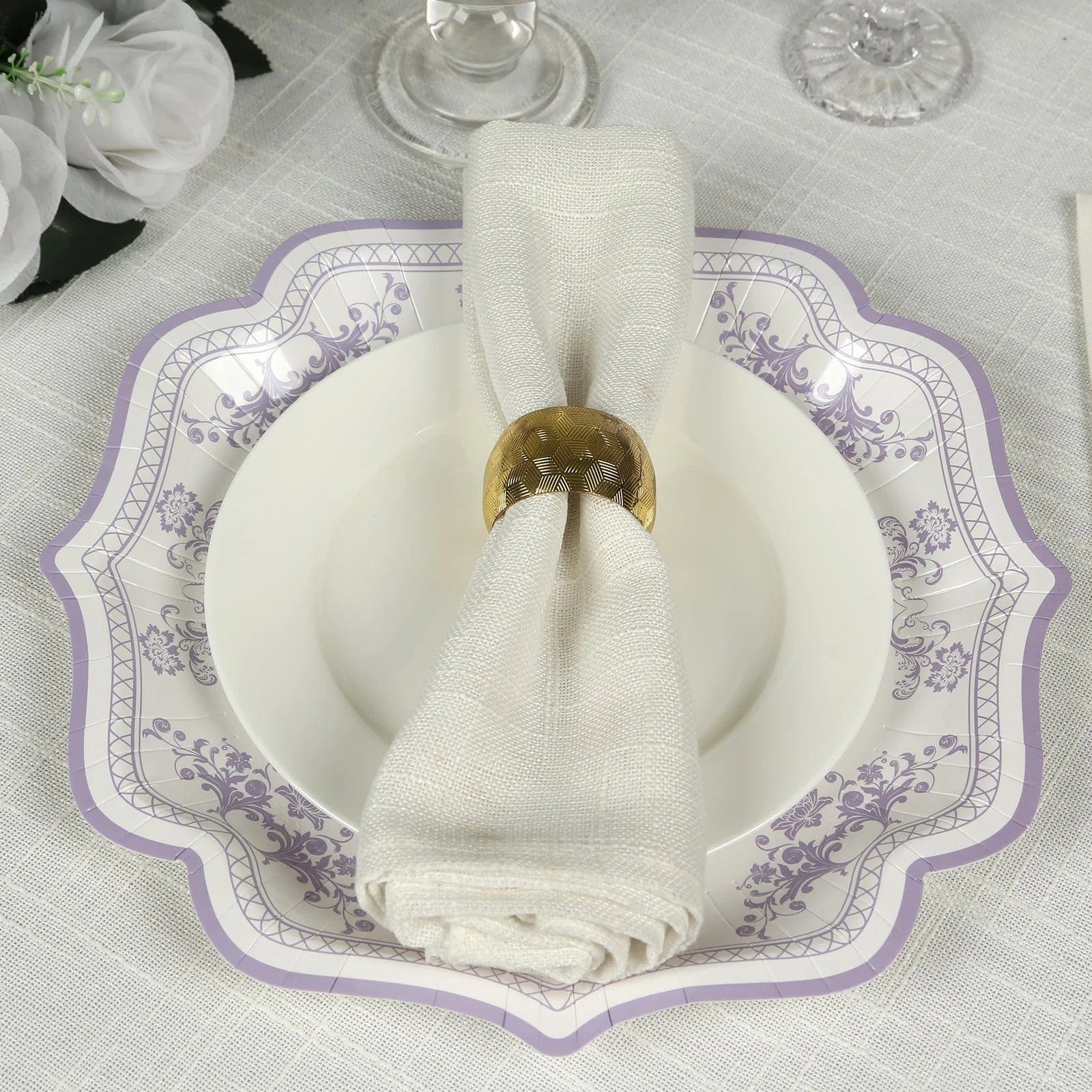 25 White Paper Dinner Plates with Blue Floral Print and Scalloped Rim - Disposable Tableware