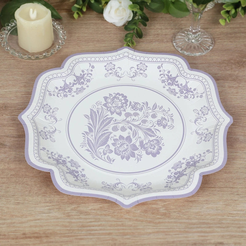 25 White Paper Dinner Plates with Blue Floral Print and Scalloped Rim - Disposable Tableware