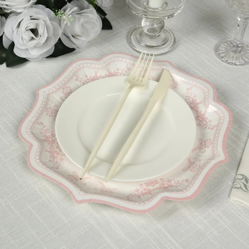 25 White Paper Dinner Plates with Blue Floral Print and Scalloped Rim - Disposable Tableware