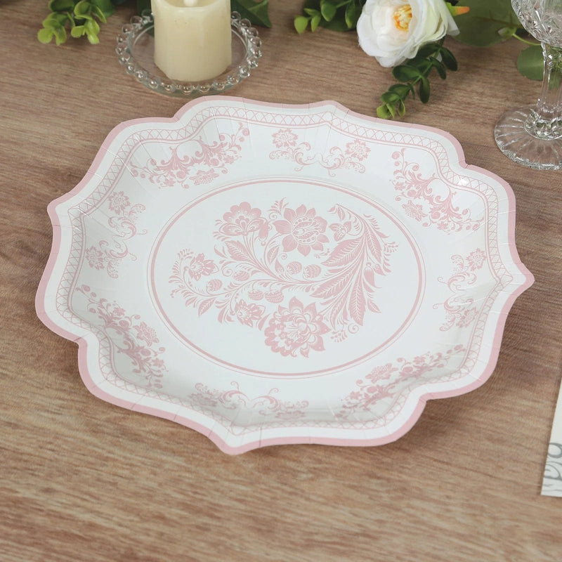 25 White Paper Dinner Plates with Blue Floral Print and Scalloped Rim - Disposable Tableware