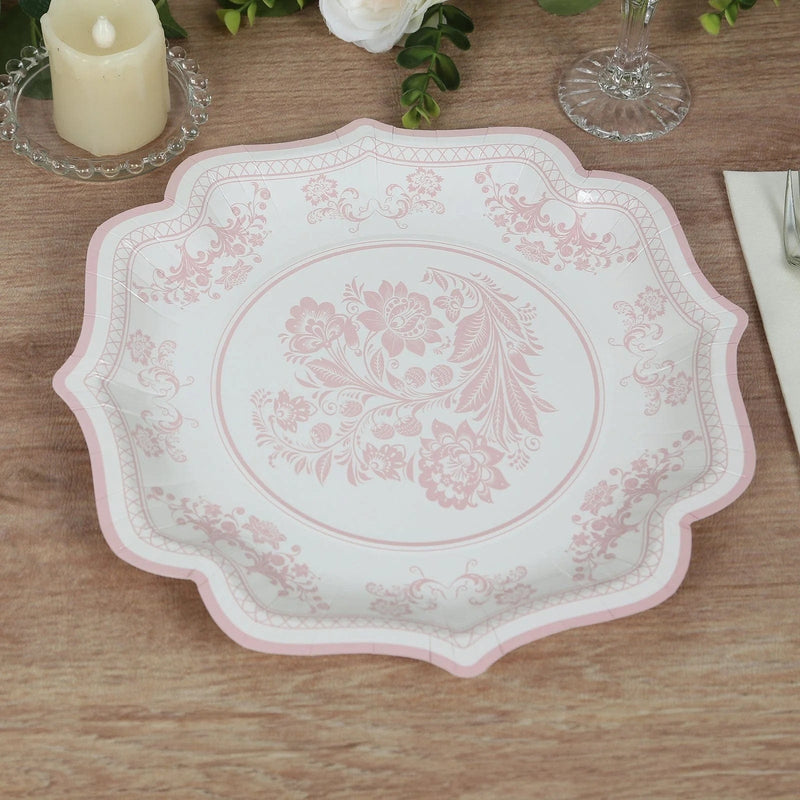 25 White Paper Dinner Plates with Blue Floral Print and Scalloped Rim - Disposable Tableware