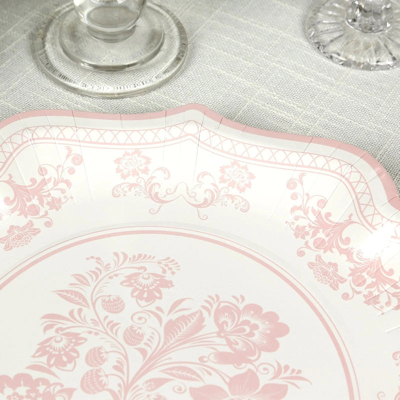 25 White Paper Dinner Plates with Blue Floral Print and Scalloped Rim - Disposable Tableware
