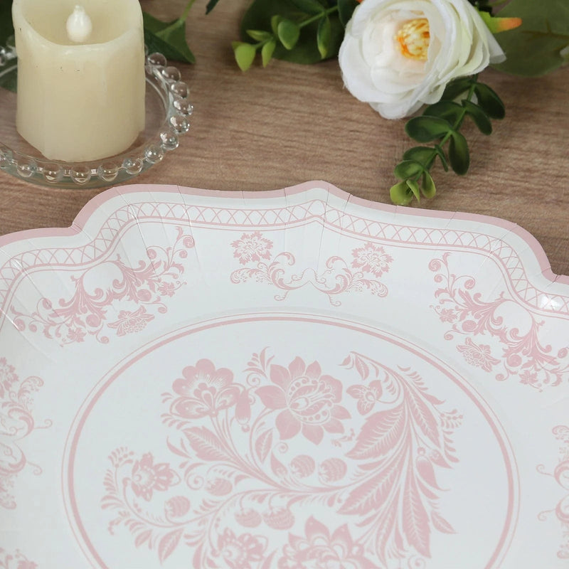 25 White Paper Dinner Plates with Blue Floral Print and Scalloped Rim - Disposable Tableware