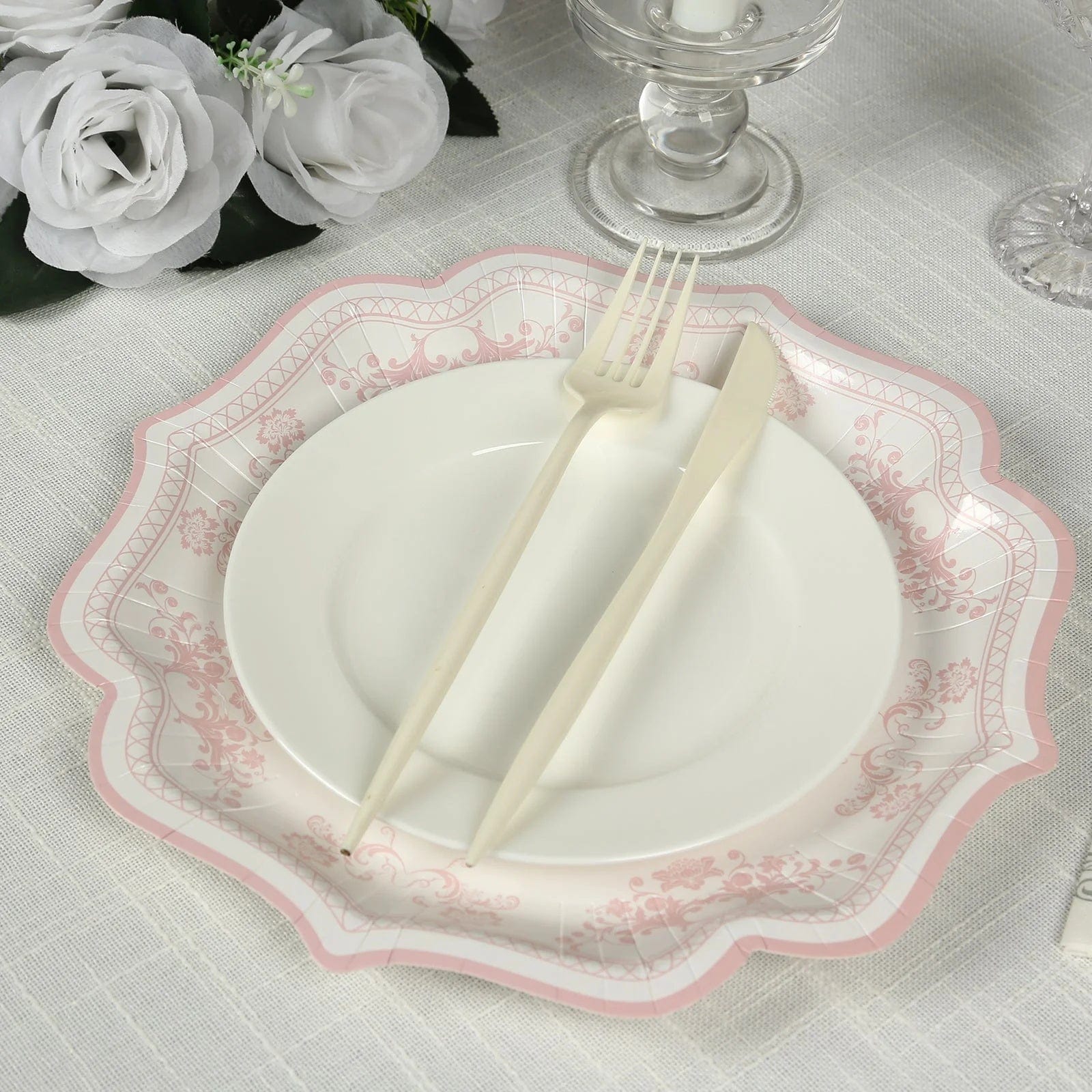 25 White Paper Dinner Plates with Blue Floral Print and Scalloped Rim - Disposable Tableware