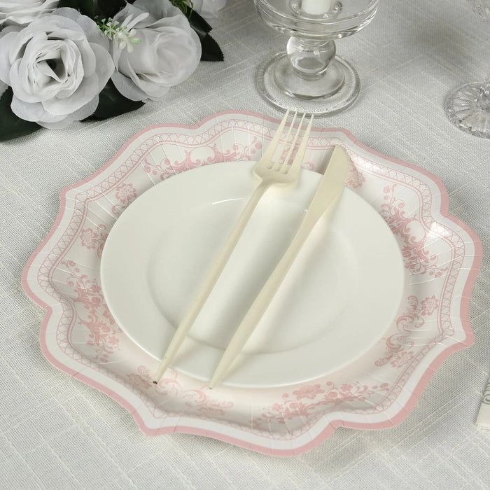 25 White Paper Dinner Plates with Blue Floral Print and Scalloped Rim - Disposable Tableware