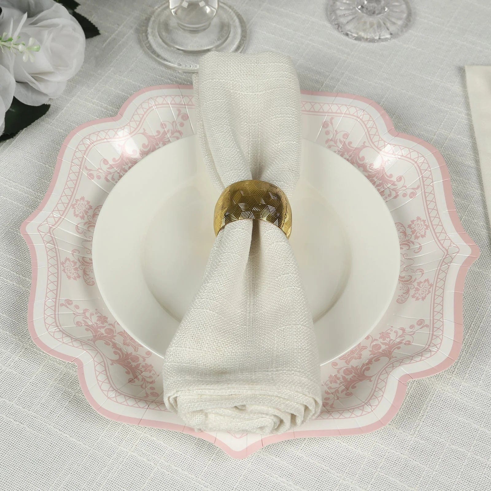 25 White Paper Dinner Plates with Blue Floral Print and Scalloped Rim - Disposable Tableware