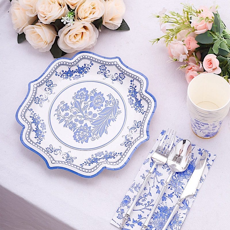 25 White Paper Dinner Plates with Blue Floral Print and Scalloped Rim - Disposable Tableware