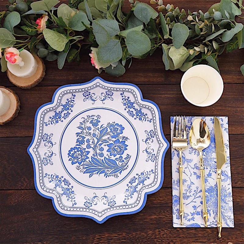 25 White Paper Dinner Plates with Blue Floral Print and Scalloped Rim - Disposable Tableware