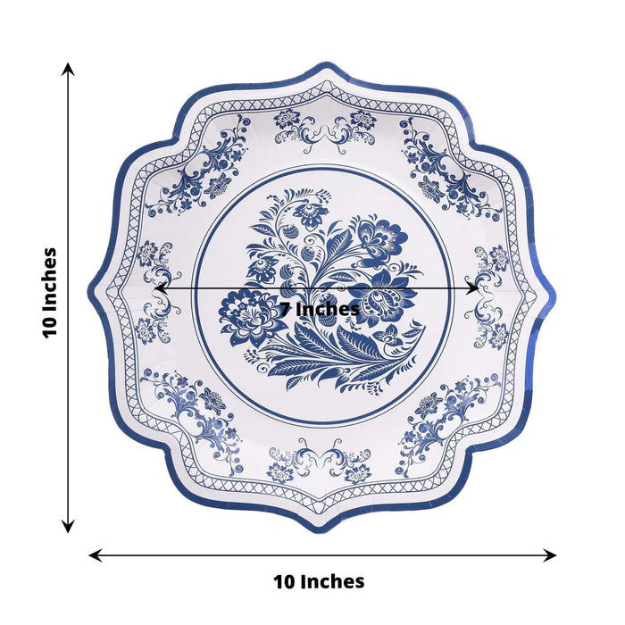 25 White Paper Dinner Plates with Blue Floral Print and Scalloped Rim - Disposable Tableware