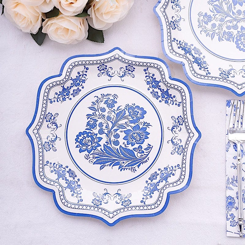 25 White Paper Dinner Plates with Blue Floral Print and Scalloped Rim - Disposable Tableware