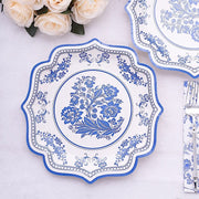 25 White Paper Dinner Plates with Blue Floral Print and Scalloped Rim - Disposable Tableware