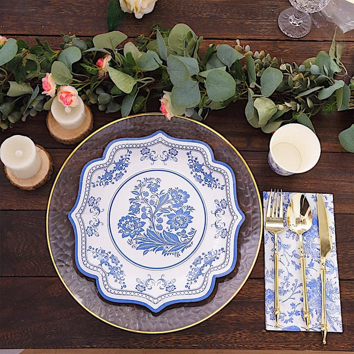 25 White Paper Dinner Plates with Blue Floral Print and Scalloped Rim - Disposable Tableware