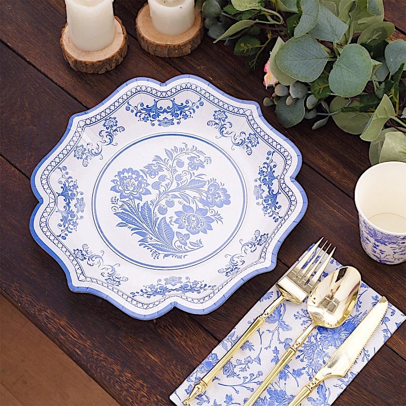 25 White Paper Dinner Plates with Blue Floral Print and Scalloped Rim - Disposable Tableware