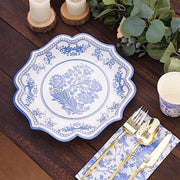 25 White Paper Dinner Plates with Blue Floral Print and Scalloped Rim - Disposable Tableware