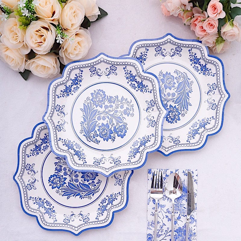 25 White Paper Dinner Plates with Blue Floral Print and Scalloped Rim - Disposable Tableware