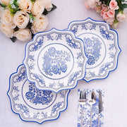 25 White Paper Dinner Plates with Blue Floral Print and Scalloped Rim - Disposable Tableware