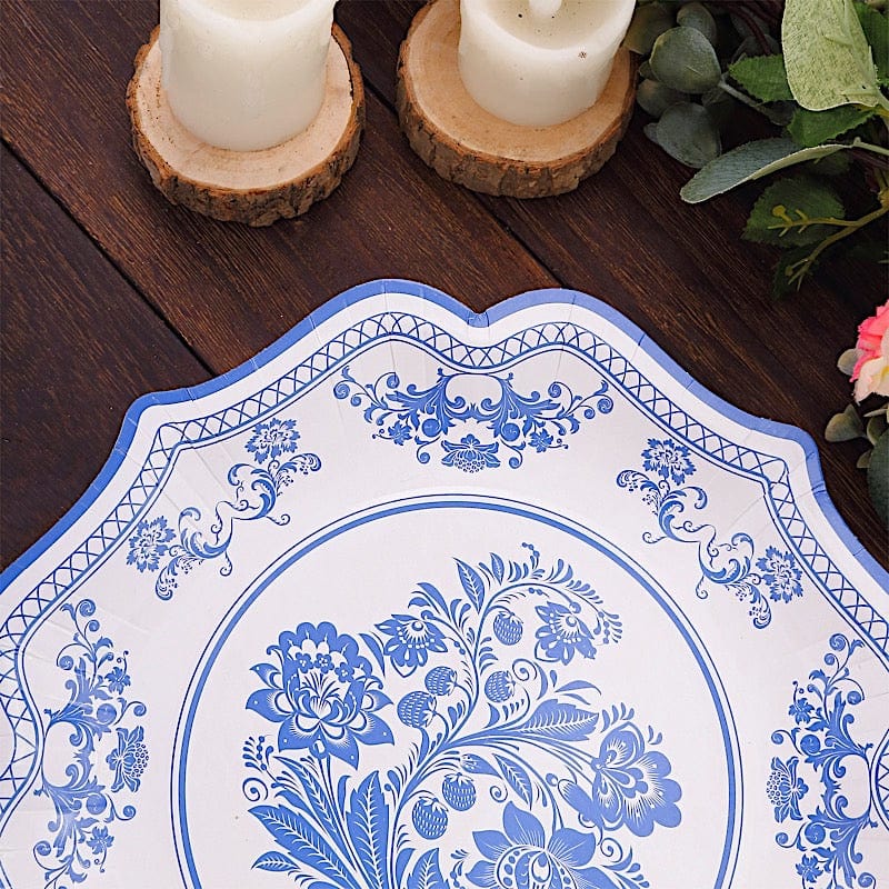 25 White Paper Dinner Plates with Blue Floral Print and Scalloped Rim - Disposable Tableware
