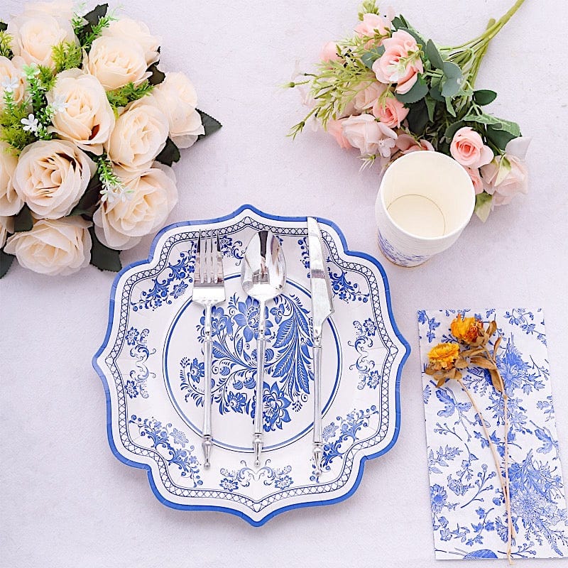 25 White Paper Dinner Plates with Blue Floral Print and Scalloped Rim - Disposable Tableware