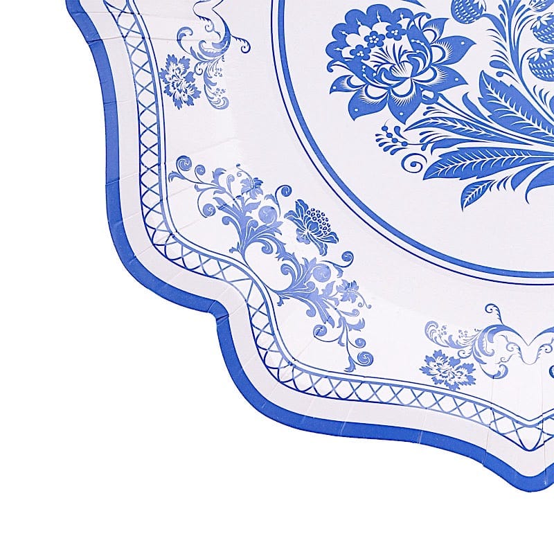 25 White Paper Dinner Plates with Blue Floral Print and Scalloped Rim - Disposable Tableware