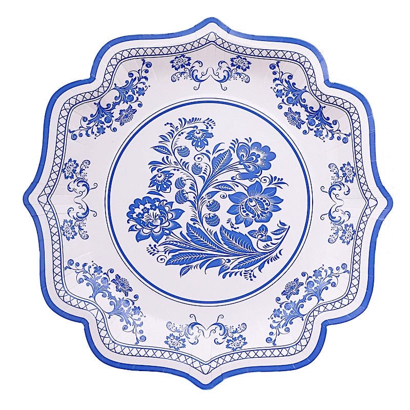 25 White Paper Dinner Plates with Blue Floral Print and Scalloped Rim - Disposable Tableware DSP_PPR0016_10_BLUE