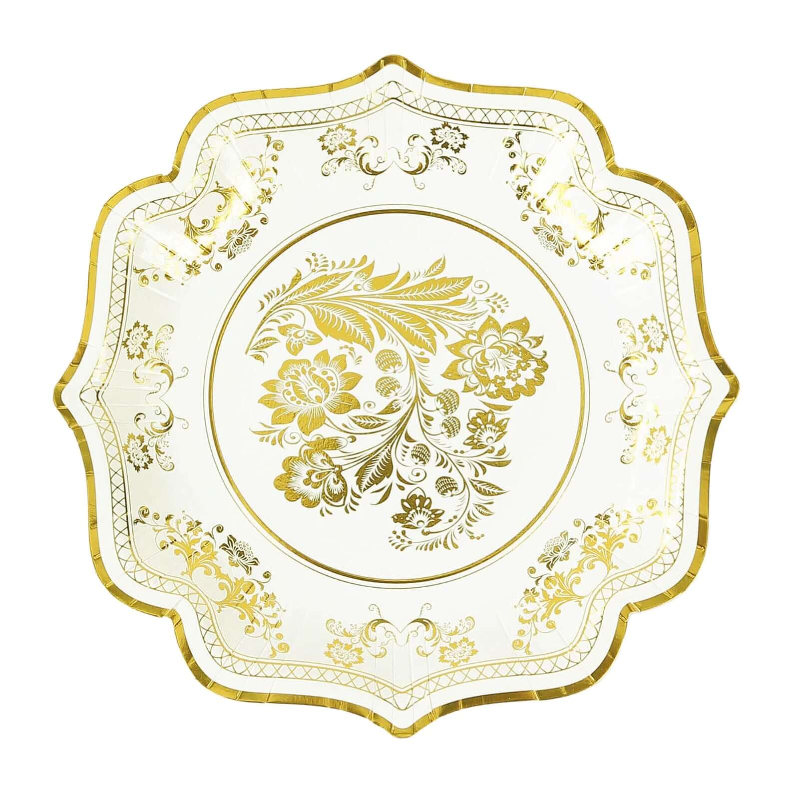 25 White Paper Dinner Plates with Blue Floral Print and Scalloped Rim - Disposable Tableware DSP_PPR0016_10_GOLD