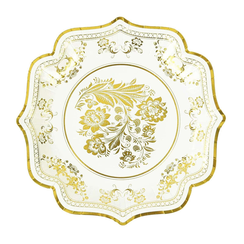 25 White Paper Dinner Plates with Blue Floral Print and Scalloped Rim - Disposable Tableware DSP_PPR0016_10_GOLD