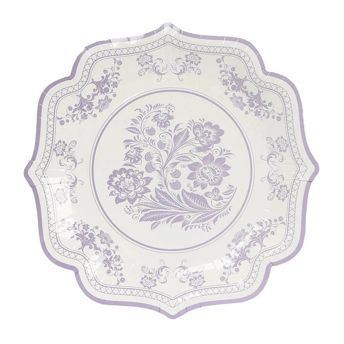 25 White Paper Dinner Plates with Blue Floral Print and Scalloped Rim - Disposable Tableware DSP_PPR0016_10_LAV