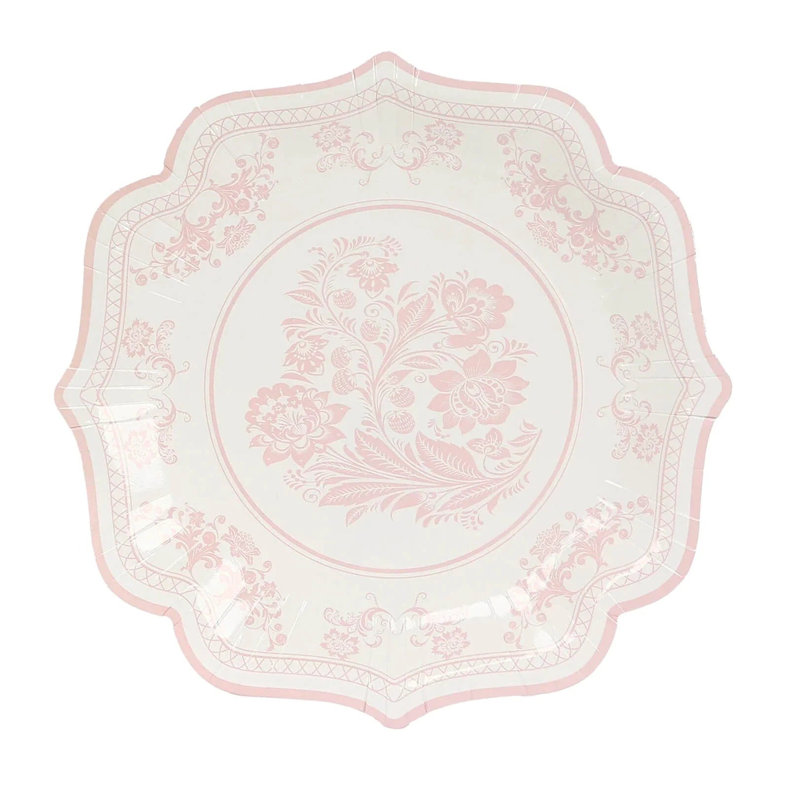 25 White Paper Dinner Plates with Blue Floral Print and Scalloped Rim - Disposable Tableware DSP_PPR0016_10_PINK