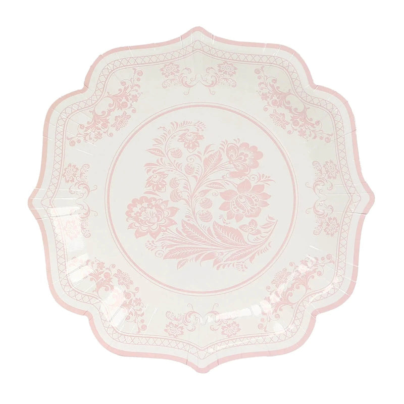 25 White Paper Dinner Plates with Blue Floral Print and Scalloped Rim - Disposable Tableware DSP_PPR0016_10_PINK
