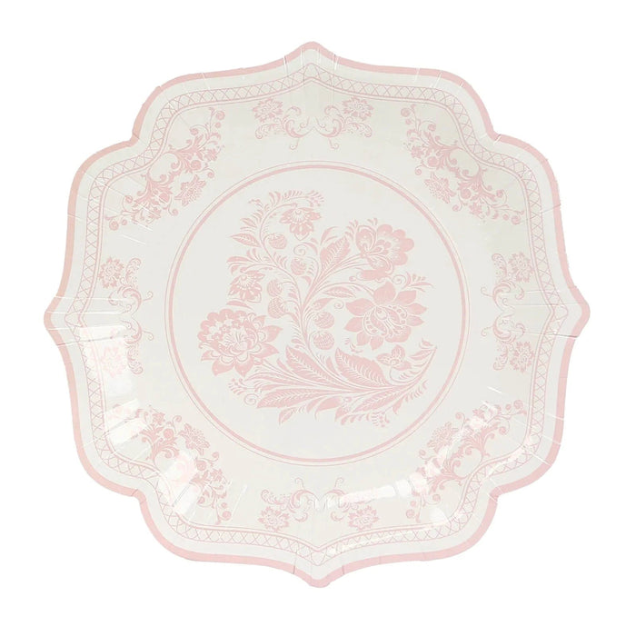 25 White Paper Dinner Plates with Blue Floral Print and Scalloped Rim - Disposable Tableware DSP_PPR0016_10_PINK