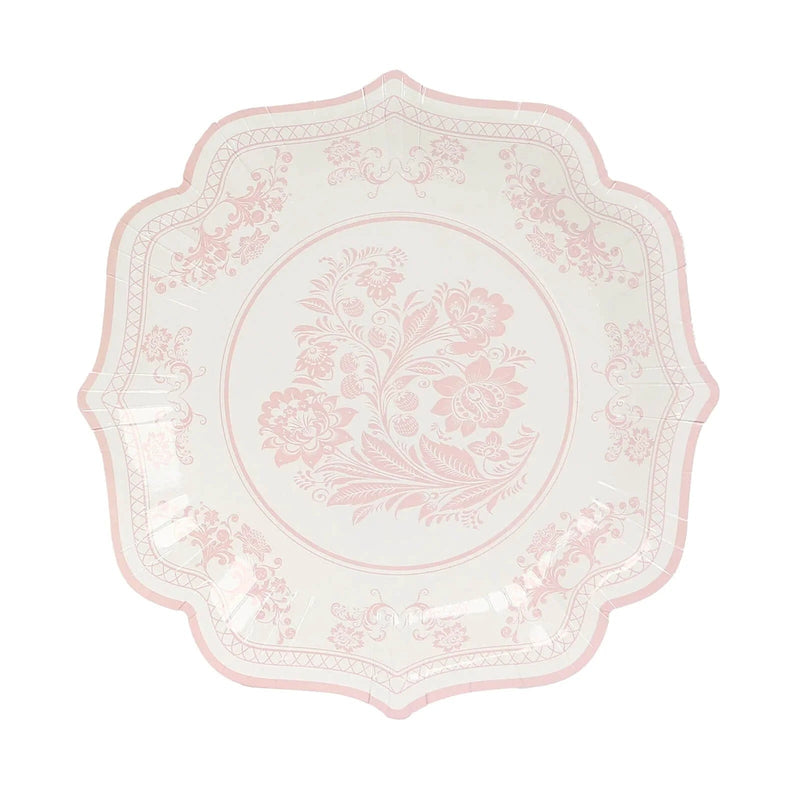 25 White Paper Dinner Plates with Blue Floral Print and Scalloped Rim - Disposable Tableware DSP_PPR0016_8_PINK