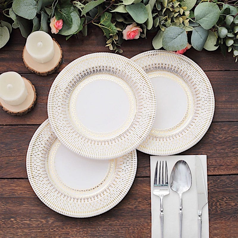 25 White with Gold Porcelain Design Round Paper Plates - Disposable Tableware