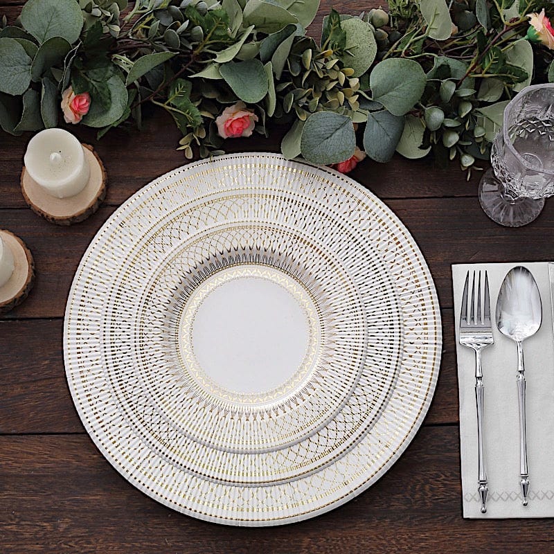 25 White with Gold Porcelain Design Round Paper Plates - Disposable Tableware
