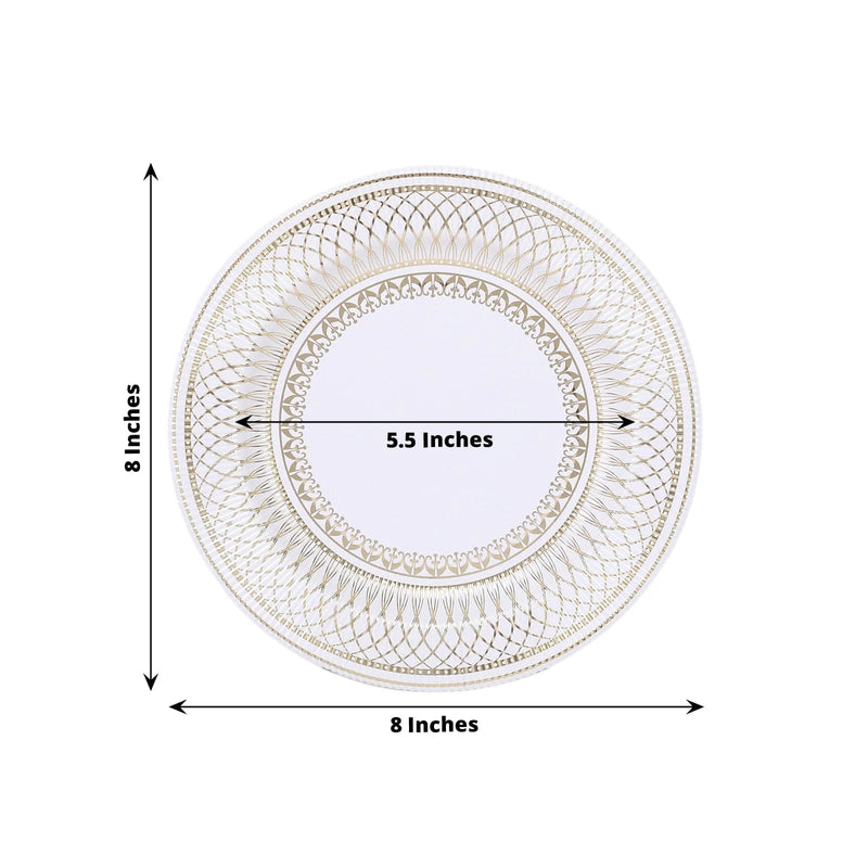25 White with Gold Porcelain Design Round Paper Plates - Disposable Tableware