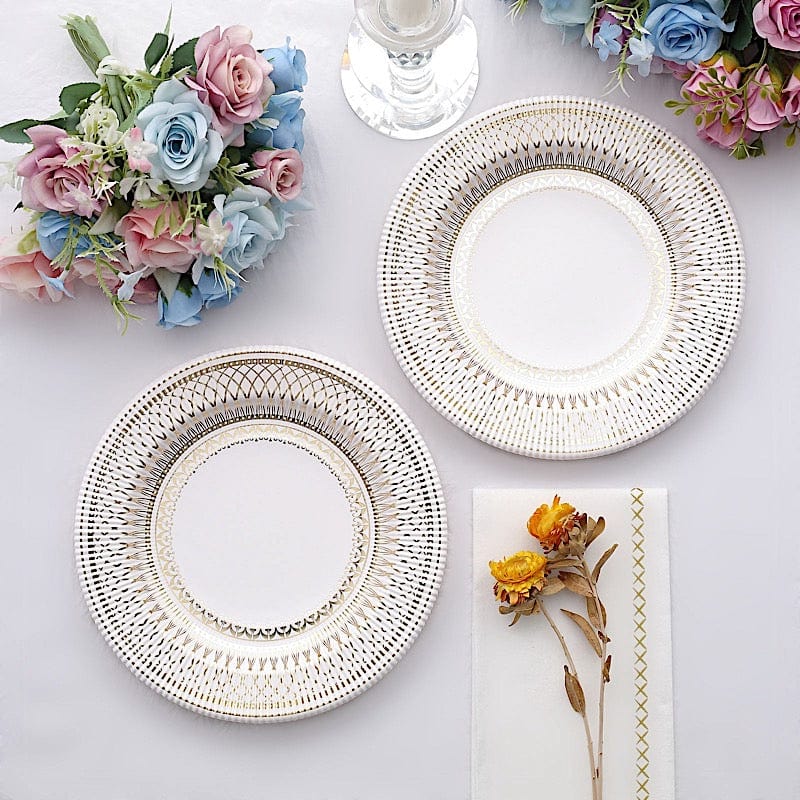 25 White with Gold Porcelain Design Round Paper Plates - Disposable Tableware