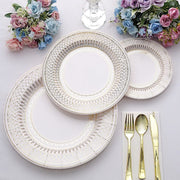25 White with Gold Porcelain Design Round Paper Plates - Disposable Tableware