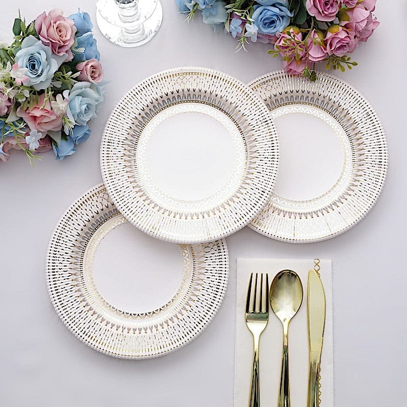 25 White with Gold Porcelain Design Round Paper Plates - Disposable Tableware