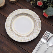25 White with Gold Porcelain Design Round Paper Plates - Disposable Tableware
