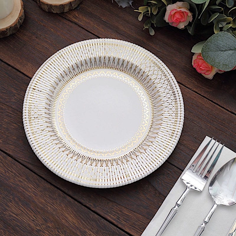 25 White with Gold Porcelain Design Round Paper Plates - Disposable Tableware