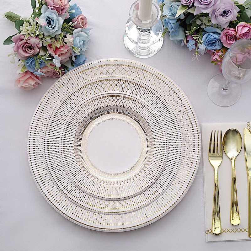 25 White with Gold Porcelain Design Round Paper Plates - Disposable Tableware