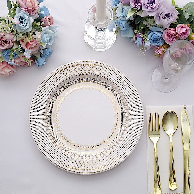 25 White with Gold Porcelain Design Round Paper Plates - Disposable Tableware