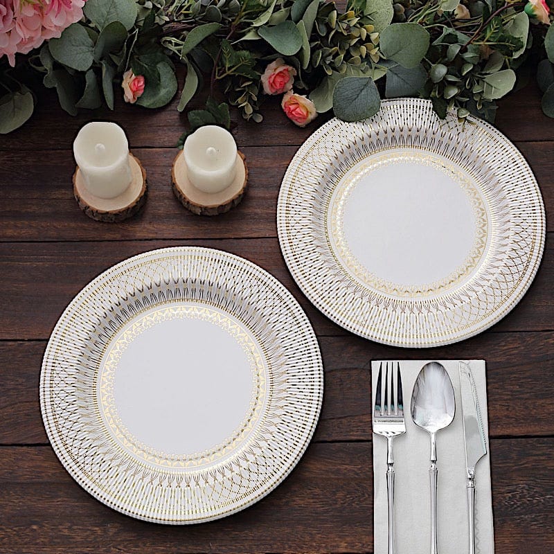 25 White with Gold Porcelain Design Round Paper Plates - Disposable Tableware