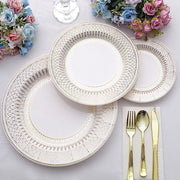 25 White with Gold Porcelain Design Round Paper Plates - Disposable Tableware